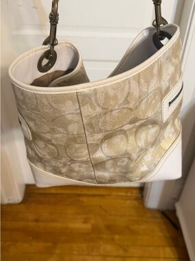 Coach Beige and White Signature Tote